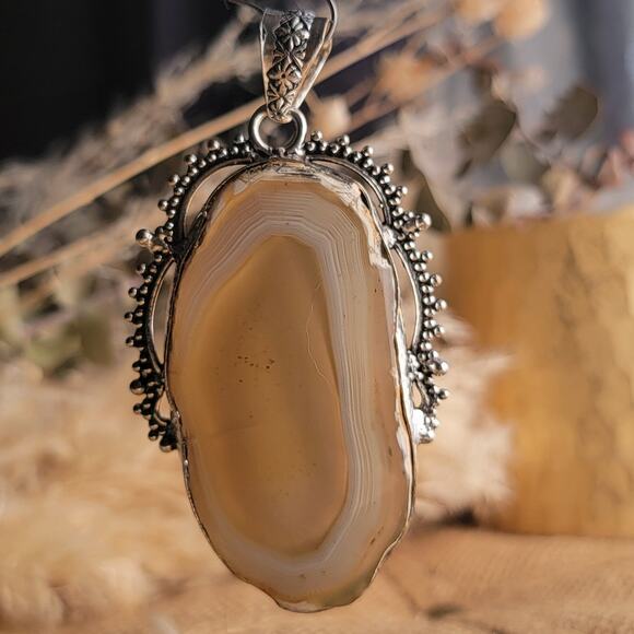 Radiant Golden Banded Agate Pendant, Sterling Silver Vintage-Inspired Necklace - Picture 1 of 10